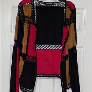 New T& W Design Crochet Suede patch cardigan L